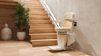 stair lift chair on sleek wooden stairs in bright modern home