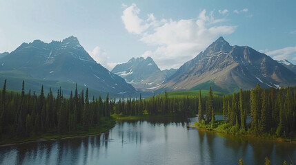 Majestic mountains reflected in a serene lake, surrounded by lush green forests under a clear blue sky.