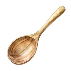 Watercolor Wooden Spoon: A hand-painted watercolor illustration of a single wooden spoon, detailed wood texture, rustic kitchen style, PNG file for mock-up