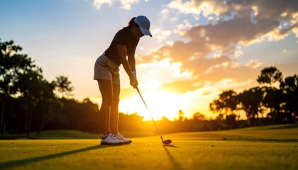 A striking silhouette of a woman golfer intensely lining up a putt against a dramatic, colorful sunset sky.