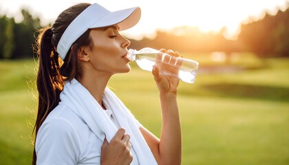 A natural and candid shot of a woman golfer taking a refreshing break on the course, enjoying a drink from her water bottle with a small towel in hand.