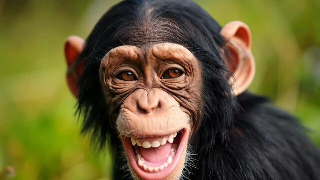 Close-up portrait of a young chimpanzee with a wide open smile showing teeth, jungle backdrop, dark hair, expressive amber eyes, cute