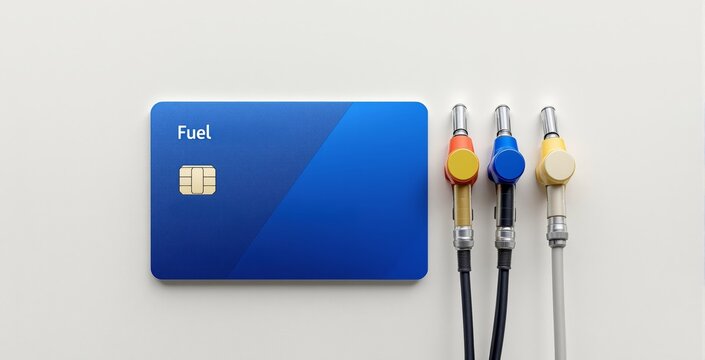 Fuel card next to colorful fuel pump nozzles representing business fuel expenses and energy management concept on clean background. Ai generative.