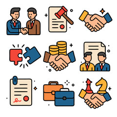 Partnership contracts icons for business deals, partnerships, and agreements. Suitable for presentations, websites, documents, and infographics about partnerships.