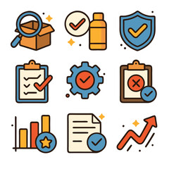 Nine essential icons representing quality control for business improvement. Perfect for presentations, infographics, websites, and reports on process efficiency.