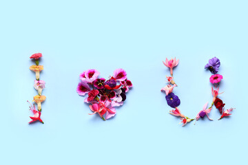 Text I LOVE U made of beautiful edible flowers on blue background