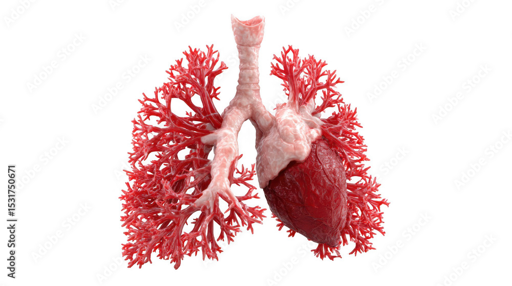 Poster realistic 3d rendering of heart and lungs showing pulmonary embolism, isolated on transparent backgr