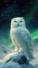 Majestic white owl atop snowy peak, vibrant aurora borealis