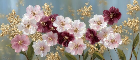 Elegant Pink   Burgundy Floral Painting  Gold Accents  Soft Lighting  Nature Art
