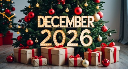 december 2026 lettering on christmas tree with presents and baubles lights