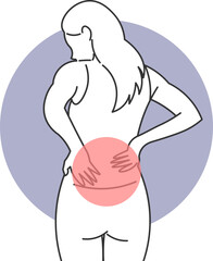 Illustration of woman with lower back pain highlighted by red circle