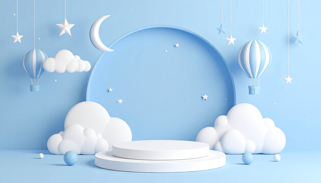 A lovely and cute space where you can display your products on a wall with soft color decorations. Showcase concept for product promotion and exhibition.