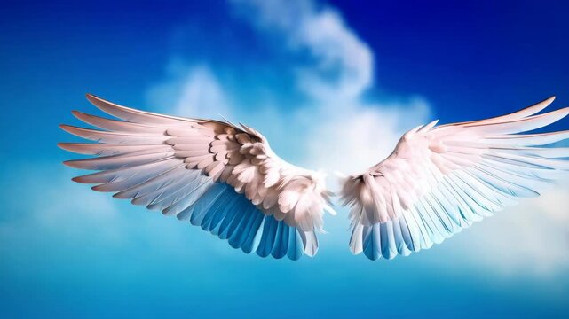Angel wings floating gracefully against a serene backdrop of blue sky and soft white clouds, showcasing freedom and spirituality.