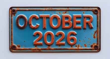 october 2026 lettering on antique rugged rusty metal sign on plain white background