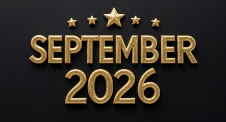 september 2026 word lettering with glitter gold shining effect on plain black background