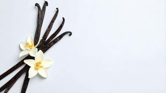 Dried vanilla beans with white blossom on a bright white background, arranged elegantly, culinary spices still life photography