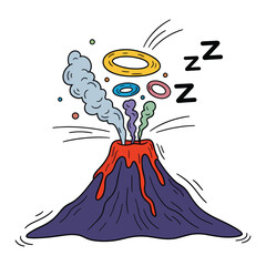 Cartoon Volcano Dreaming with Colorful Rings and Sleep Symbols.