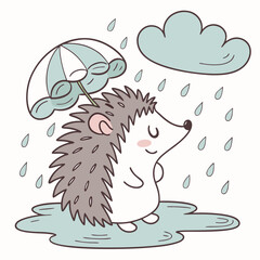 Charming SVG of a Peaceful Hedgehog featuring splashing in puddles, styled in a Rainy day theme with Raindrop Calm hues