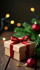 Rustic Christmas gift box, fir branches, baubles Bokeh lights Wooden table , sparkle, card, decoration