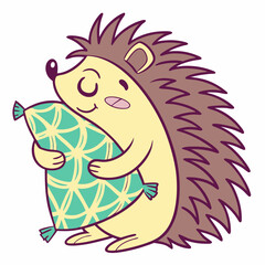 An adorable Hedgehog with a Sleepy vibe, hugging a pillow, and a Tropical Vibes Tropical theme – SVG style