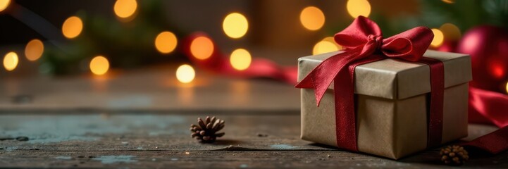 Rustic Christmas gift, wooden surface, glowing lights , stock photo, festive, xmas