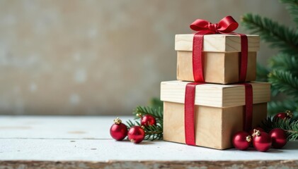 Rustic Christmas gifts on white wood Festive handmade boxes & decor , copy space, seasonal, december