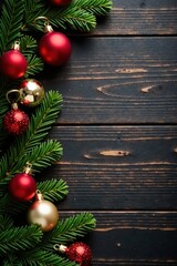 Rustic Christmas ornaments & garland on dark wood, dark, red, season