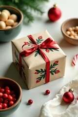 Rustic furoshiki package, natural materials, minimalist Christmas theme , natural, design, festive