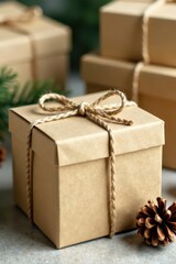 Rustic kraft paper boxes with twine, pine cones, christmas decor, handmade gift, christmas presents