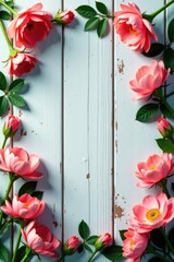 Rustic wood backdrop, blank frame, fluffy gypsophila , soft, delicate
