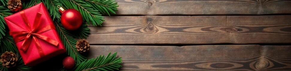 Rustic wood backdrop, ornaments, wrapped gifts, pine cones, boxes, setting, ribbon