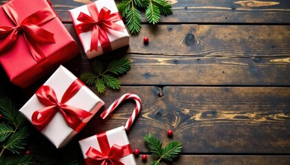 Rustic wood backdrop featuring red and white wrapped Christmas gifts with ribbons , winter gifts, christmas, season