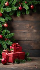 Rustic wood backdrop, stacked presents, pine boughs, ornaments, pine, comfort