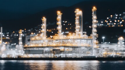 Fototapeta premium Night Industrial Refinery Chemical Plant Production Energy Power Factory Manufacturi