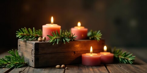 Rustic wooden box, flickering candles, cedar sprigs , still life, wood grain, scent