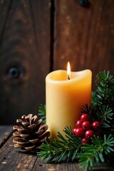 Rustic wooden background, flickering candle, pine cones, berries , background, december, natural