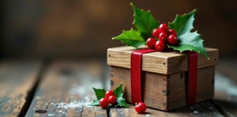 Rustic wooden Christmas gift box adorned with bright red holly sprigs , holly, holiday gift, red berries