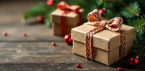 Rustic wooden Christmas gift boxes, twine bows, natural texture, holiday, handmade