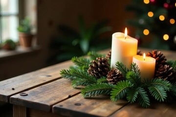 Rustic wooden Christmas table, greenery, pine cones, candles , christmas decor, christmas, dinner