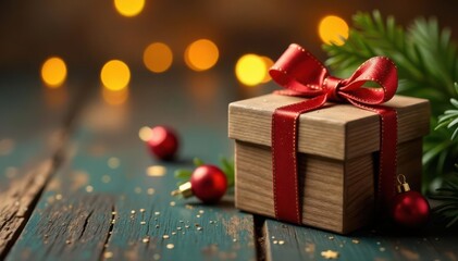 Rustic wooden gift box, tiny ornaments, warm golden glow, design, christmas decorations