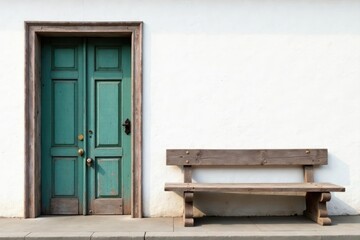 Rustic wooden door, weathered bench, white wall , home style, bright space