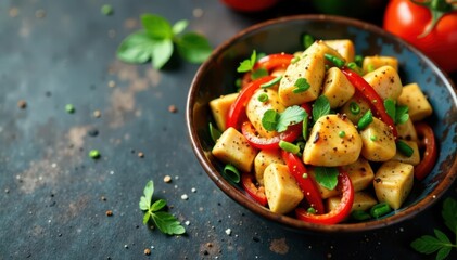 Savory chicken stir-fry with colorful vegetables on a rustic stone background , simple recipe, yellow