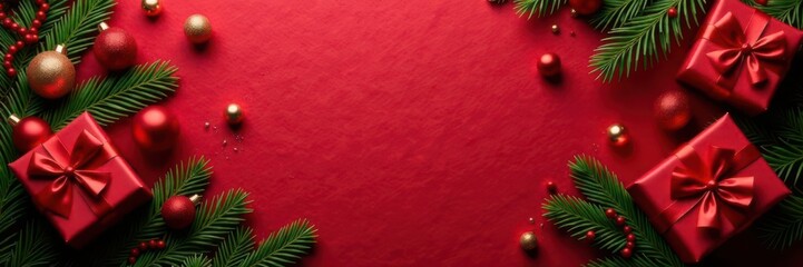 Scattered gifts, fir sprigs, red baubles, textured red background , scarlet, texture