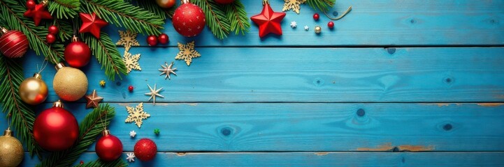 Scattered Scandinavian Christmas trinkets on weathered blue wood , flat lay, nordic