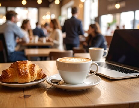 Coffee Croissant Laptop Cafe Morning