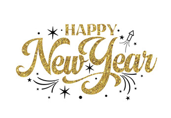Happy new year gold text clipart design. New year glitters calligraphy clip art for greeting, welcome, calendar and flyers template in white background vector illustration. 
