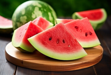 Wooden Cutting Board Holding Juicy Watermelon Slices