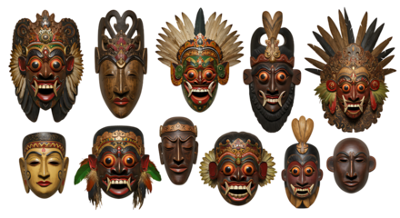 Diverse hand carved cultural masks collection