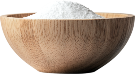 White fine powder in wooden bowl close-up on a transparent background
