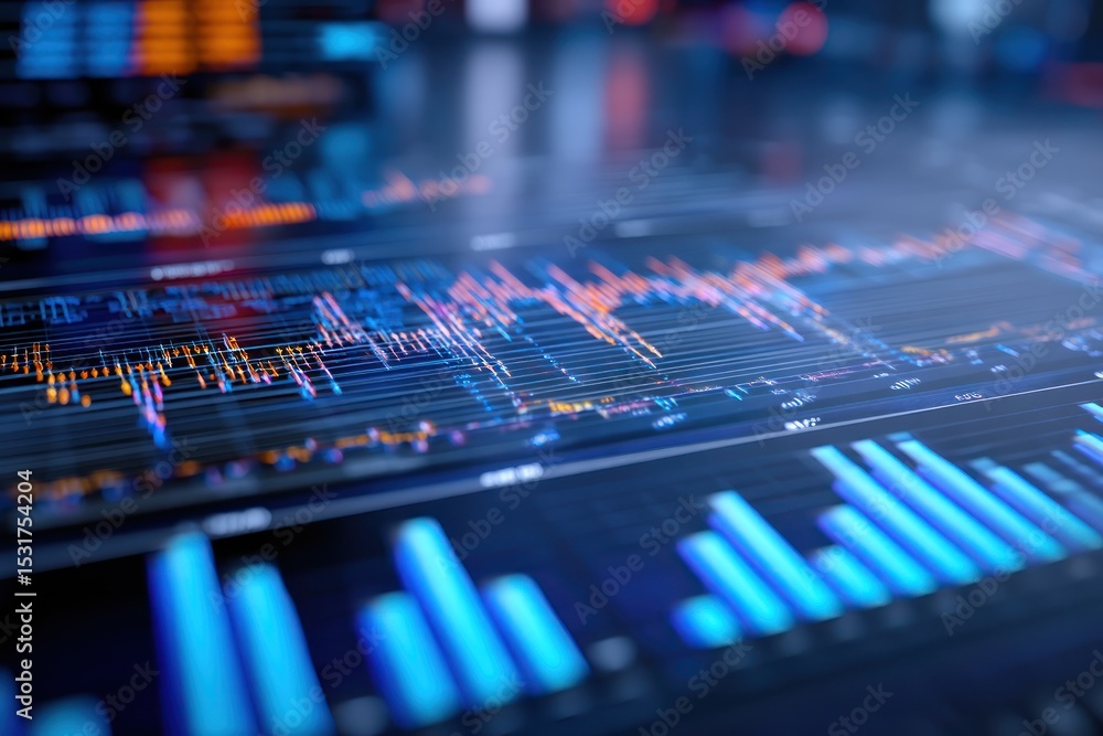 Poster a close up shot showcasing financial charts and graphs with blue and orange color schemes on a scree